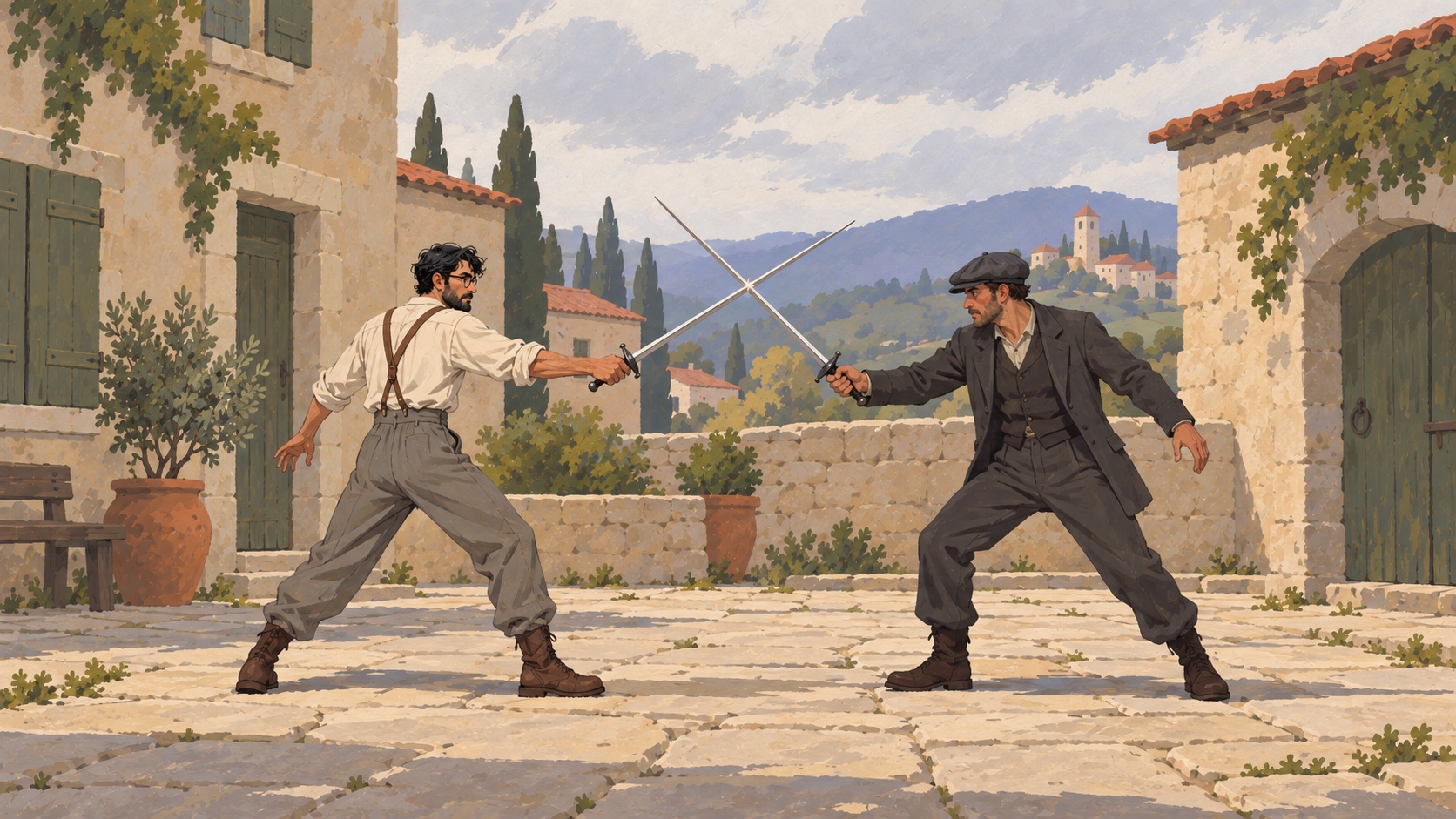 Hand-painted combat concept of the protagonist parrying a sword in a quiet period courtyard