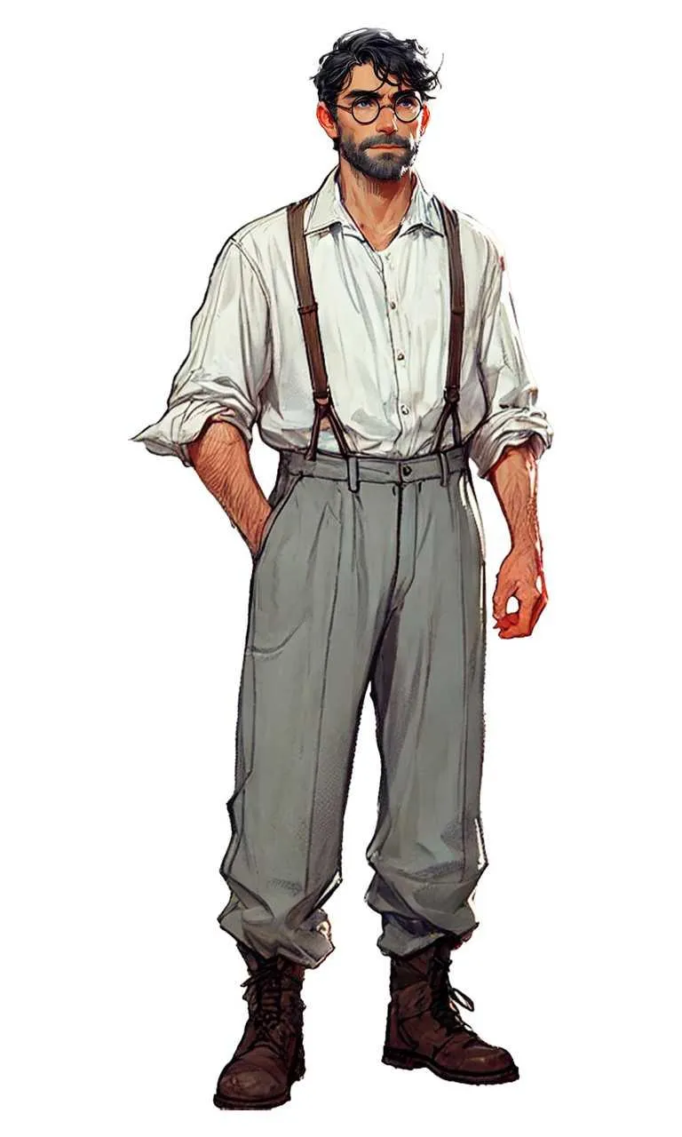 Remnant Revenant protagonist: wavy dark hair, round glasses, a white shirt, suspenders and grey trousers