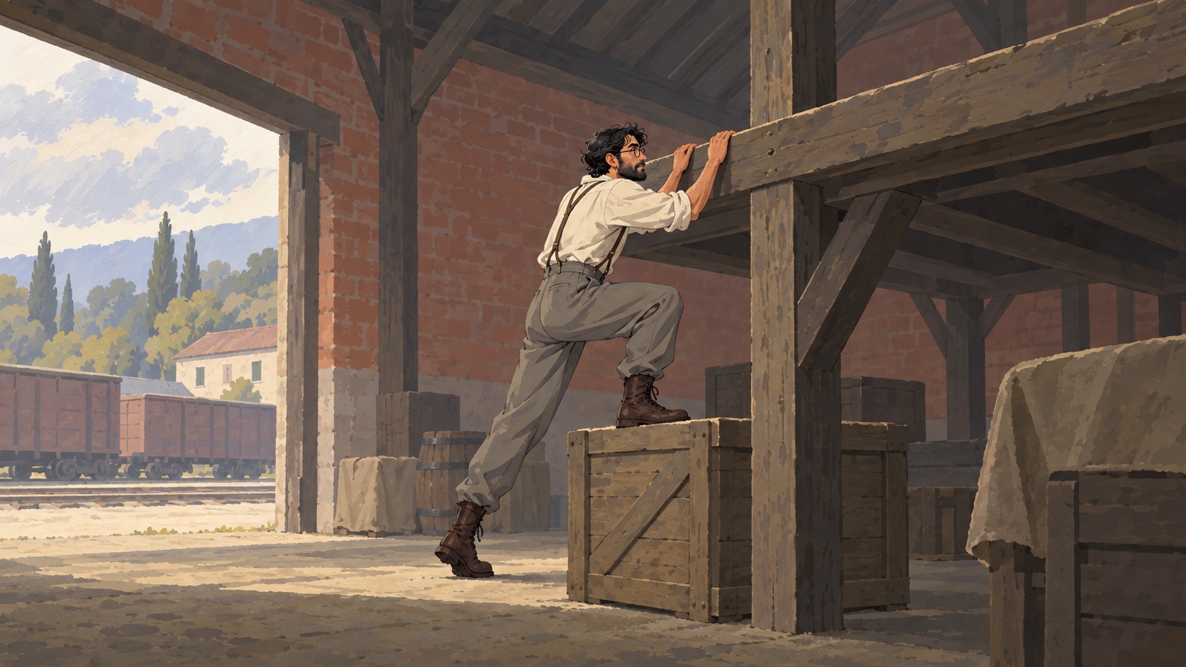 Hand-painted concept of the protagonist climbing onto a platform in a railway goods depot