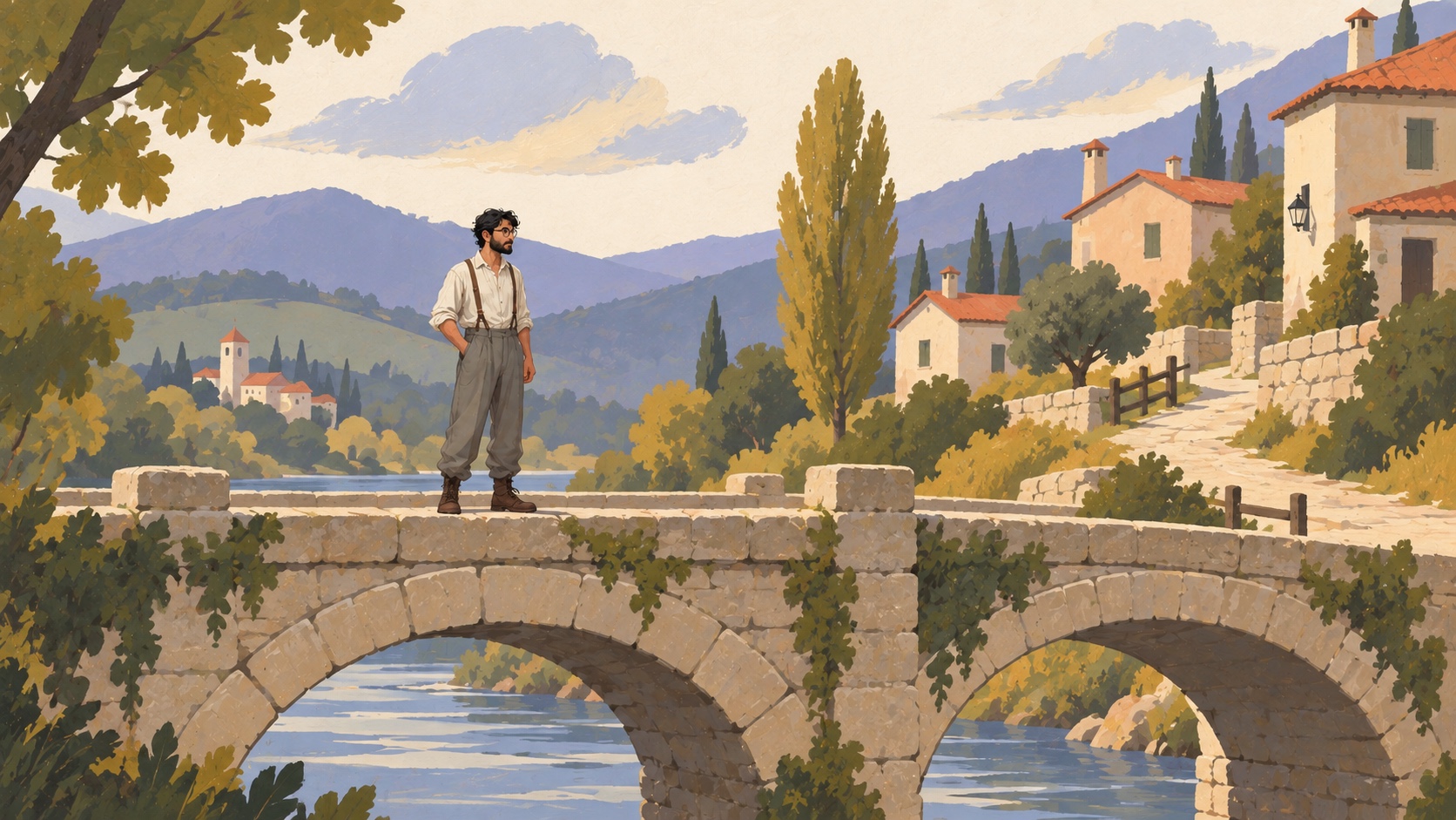 Hand-painted concept art of Remnant Revenant’s protagonist in an early-twentieth-century village